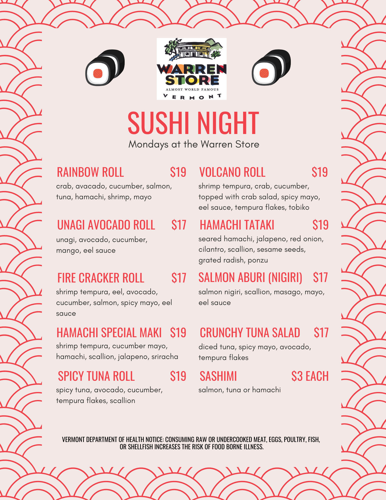 Monday Night Sushi Menu